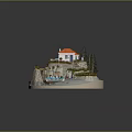 Tiny Island With Red Roof House Blue Boat Pine Trees And Stone Steps
