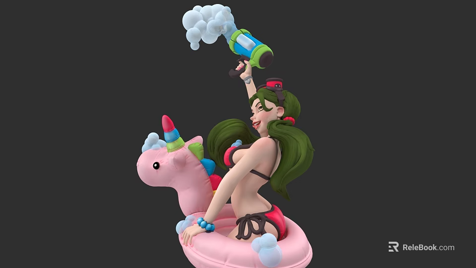 Woman In Bikini On Pink Unicorn Inflatable Float Holding Spray Bottle With White Foam 3d model 