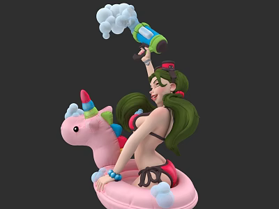 Woman In Bikini On Pink Unicorn Inflatable Float Holding Spray Bottle With White Foam 3d model