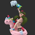 Woman In Bikini On Pink Unicorn Inflatable Float Holding Spray Bottle With White Foam