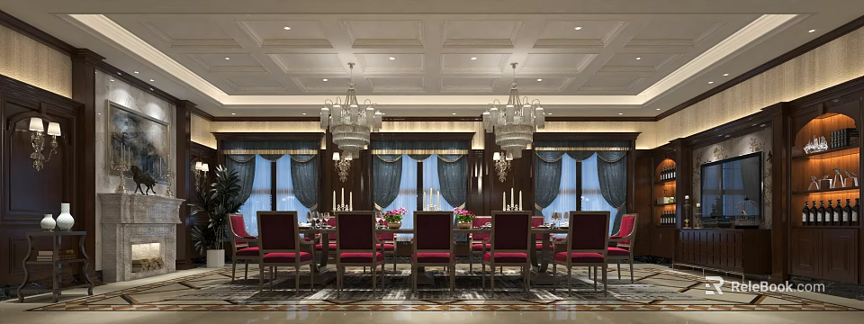 Luxurious Private Box Interior With Long Dining Table Red Chairs Ornate Chandeliers And Blue Curtains 3d model 