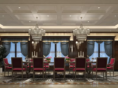 Luxurious Private Box Interior With Long Dining Table Red Chairs Ornate Chandeliers And Blue Curtains 3d model