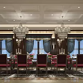 Luxurious Private Box Interior With Long Dining Table Red Chairs Ornate Chandeliers And Blue Curtains