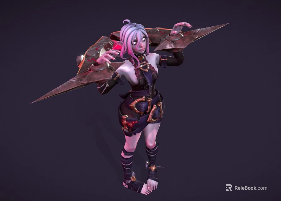 Mythical Female Character With Pink Hair Elaborate Outfit And Large Creature Inspired Wings 3d model 