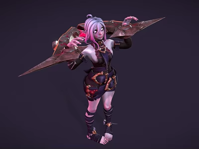 Mythical Female Character With Pink Hair Elaborate Outfit And Large Creature Inspired Wings 3d model