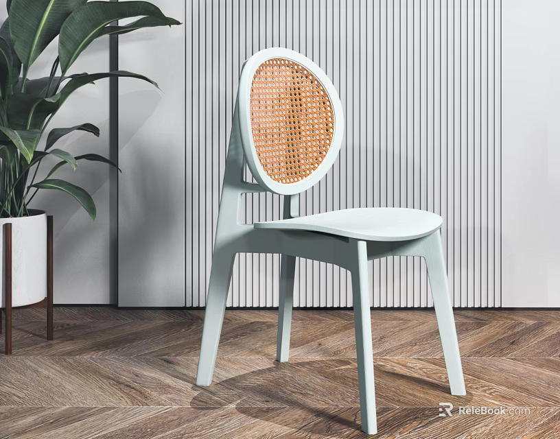 Light Blue Leisure Chair With Orange Woven Backrest Green Plant And Striped Wall Wooden Floor 3d model 