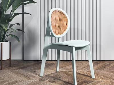 Light Blue Leisure Chair With Orange Woven Backrest Green Plant And Striped Wall Wooden Floor 3d model