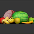 Fresh Assorted Food Items Including Ham Watermelon Pomegranate Apples Bananas Carrot on Dark Reflective Surface