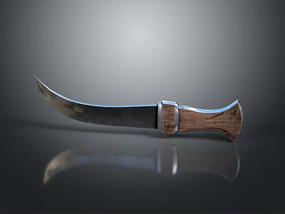 Curved Sharp Blade Weapon With Wooden Handle And Polished Metal Accents 3d model