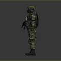 Realistic Game Movie Character In Camouflage Uniform With Gas Mask Rifle And Tactical Gear