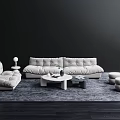 Modern Elegant Living Room Interior With Tufted Sofa Coffee Table Set And Round Stools 3d model