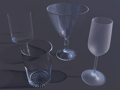 Transparent Glass Cups with Various Shapes and Decorative Patterns on 3d model