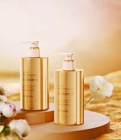 Golden Fragrance Repair Cosmetic Bottles With White Flowers On Golden Background 3d model