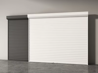 Two Black And White Roller Shutters Placed Against Wall On Gray Concrete Floor 3d model