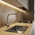 Modern Kitchen Cabinets With Light Gray Design LED Lighting Marble Countertop And Backsplash 3d model