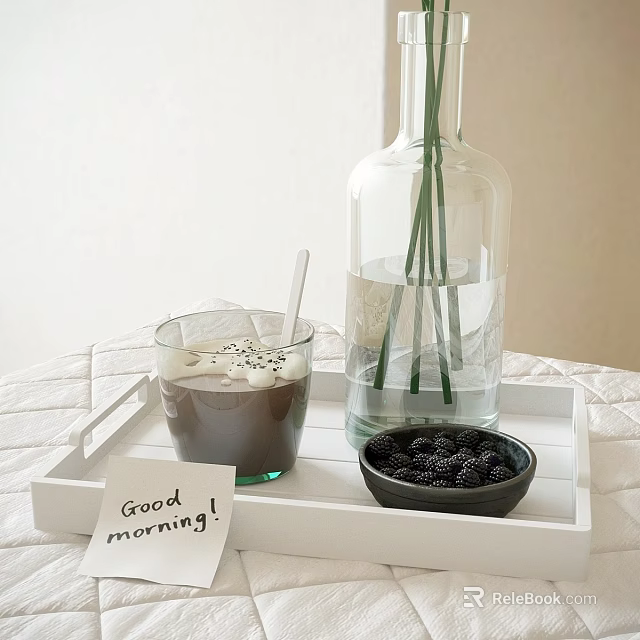 Creamy Chocolate Drink with Whipped Cream Marshmallows and Blackberries on White Tray Glass Bottle Greenery 3d model 