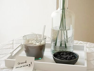 Creamy Chocolate Drink with Whipped Cream Marshmallows and Blackberries on White Tray Glass Bottle Greenery 3d model