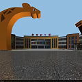 Modern Multilevel School Building With Green Lawns Trees And Circular Entrance Plaza