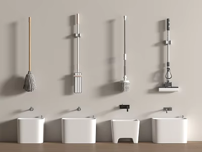Modern Wall Mounted Bathroom Accessories Set With Long Handled Tools And White Containers 3d model
