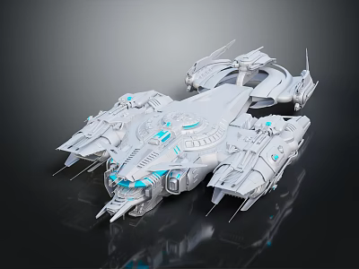 Detailed Sci Fi Silver Spaceship Model With Blue Lights And Complex Design 3d model