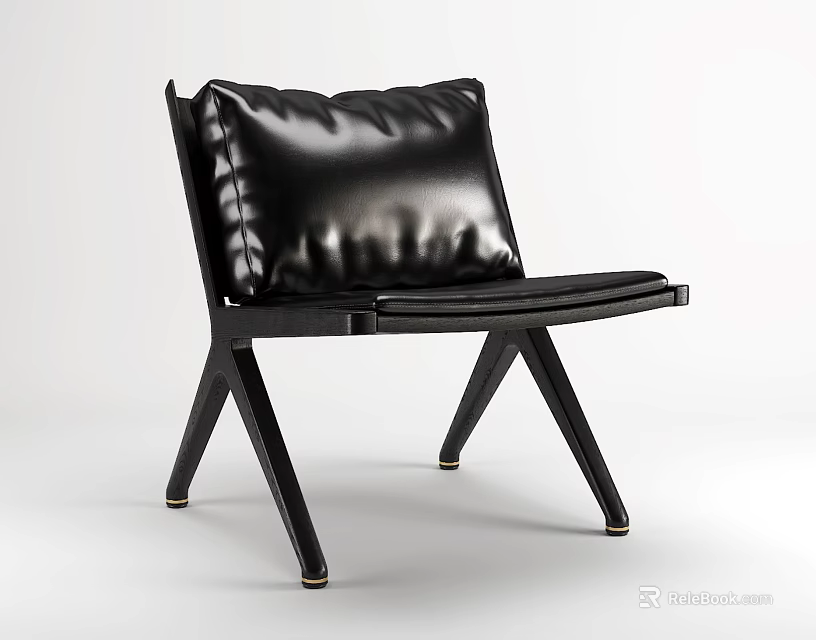 Black Leather Leisure Chair With Padded Backrest And Wooden Legs Design 3d model 