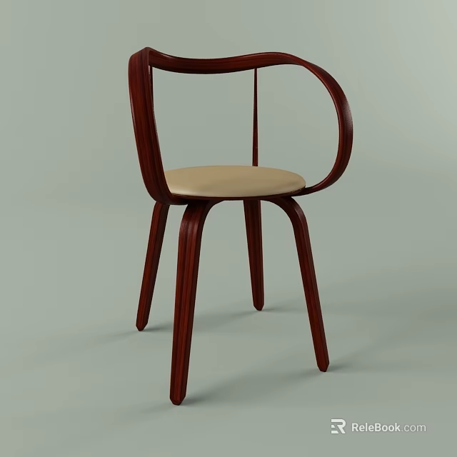 Modern Wooden Armchair With Curved Armrest And Beige Upholstered Seat Design 3d model 