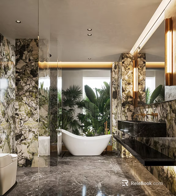 Luxury Bathroom With Marble Walls Freestanding Tub Large Mirror And Plants 3d model 