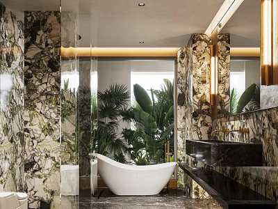 Luxury Bathroom With Marble Walls Freestanding Tub Large Mirror And Plants 3d model