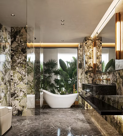 Luxury Bathroom With Marble Walls Freestanding Tub Large Mirror And Plants 3d model