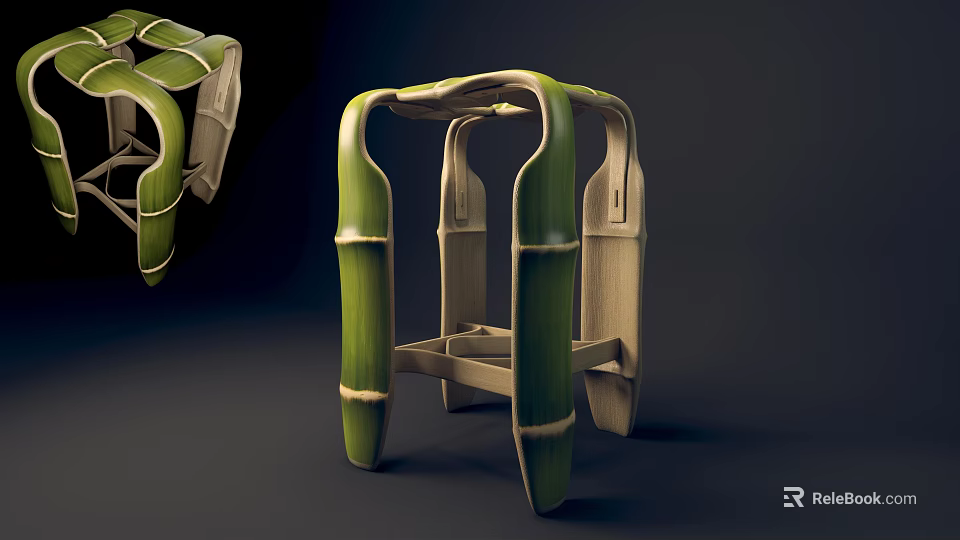Green Bamboo Stool With Unique Natural Wood Structure For Modern Spaces 3d model 