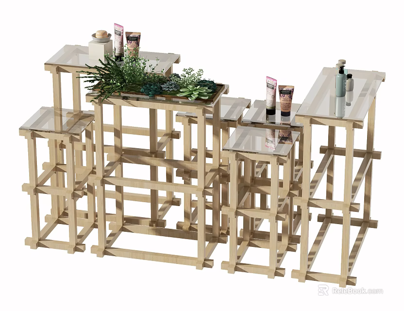 Modern Wooden Display Shelves with Glass Tops and Decorative Plants and Bottles 3d model 