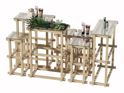 Modern Wooden Display Shelves with Glass Tops and Decorative Plants and Bottles 3d model