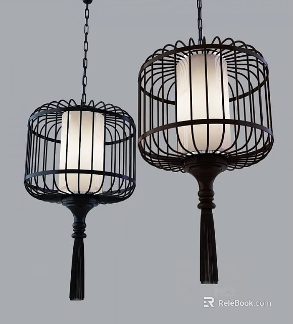 Birdcage Shaped Chandeliers With Black Metal Frames White Lampshades And Tassels 3d model 