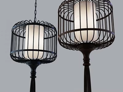 Birdcage Shaped Chandeliers With Black Metal Frames White Lampshades And Tassels 3d model