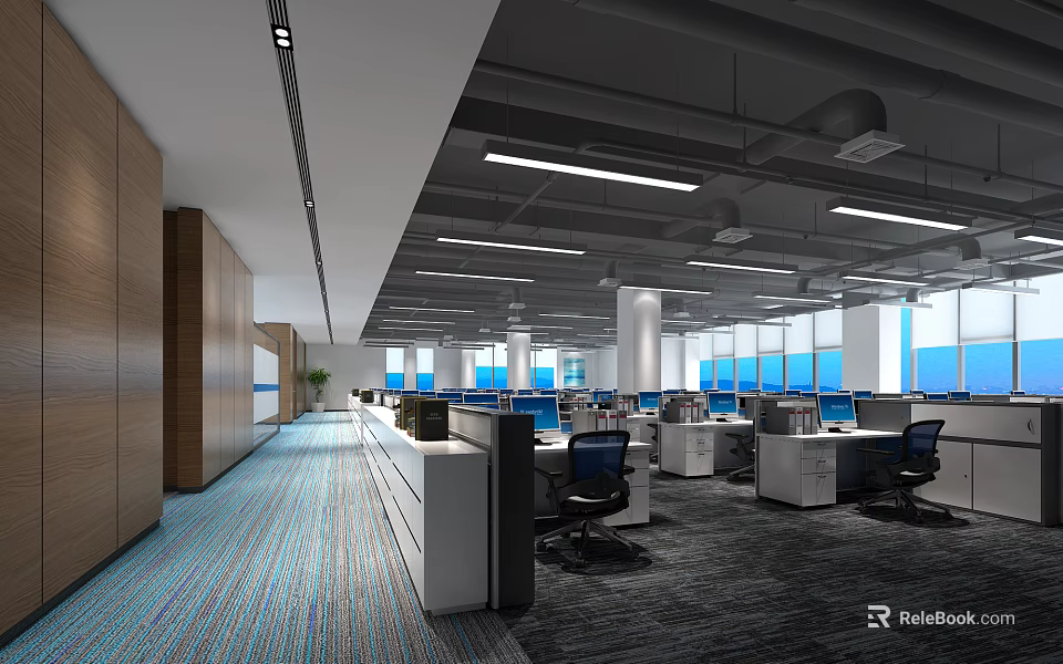 Modern Public Office Workspace With Open Cubicles Desks Computers Blue Carpet And Large Windows 3d model