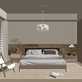 Modern Warm Bedroom With Wooden Bed Pendant Light Nightstand And Window Blinds