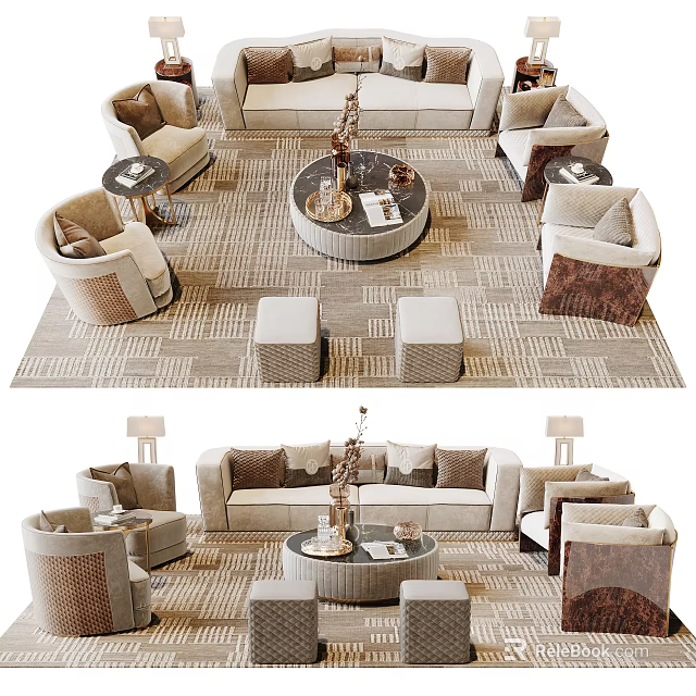 Elegant Modern Sofa Coffee Table Set With Round Table Beige Cushions And Carpet 3d model