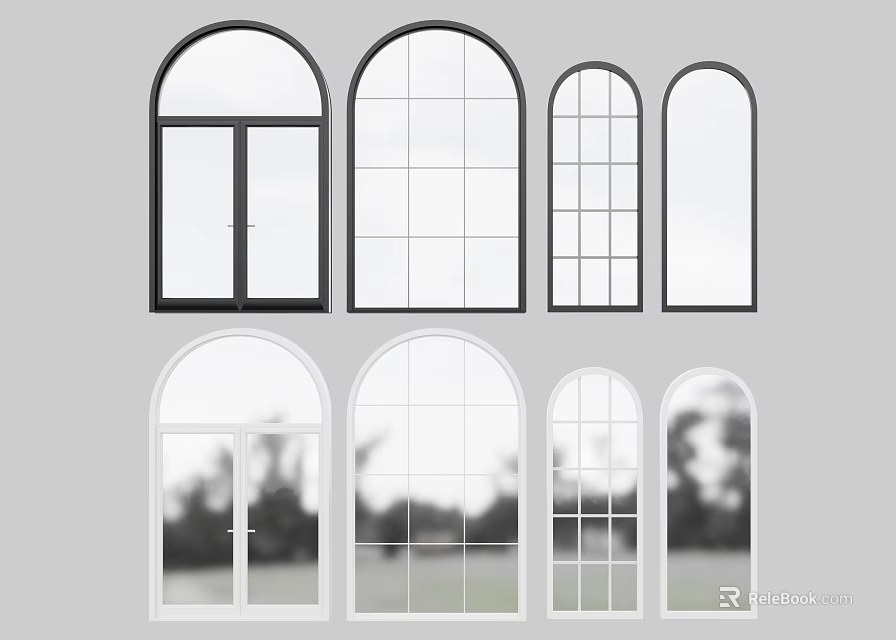 Modern Black And White Arched Casement Windows With Grid Patterns And Clear Glass Panels 3d model 