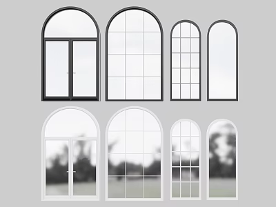 Modern Black And White Arched Casement Windows With Grid Patterns And Clear Glass Panels 3d model
