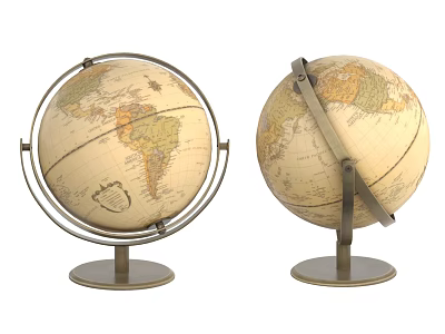 Vintage Globe Decorative Ornament Set With Metal Stand Round Base And Map Details 3d model