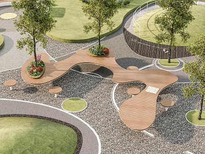Modern Park Landscape Design With Wooden Seats Circular Lawns And Trees 3d model