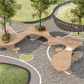 Modern Park Landscape Design With Wooden Seats Circular Lawns And Trees
