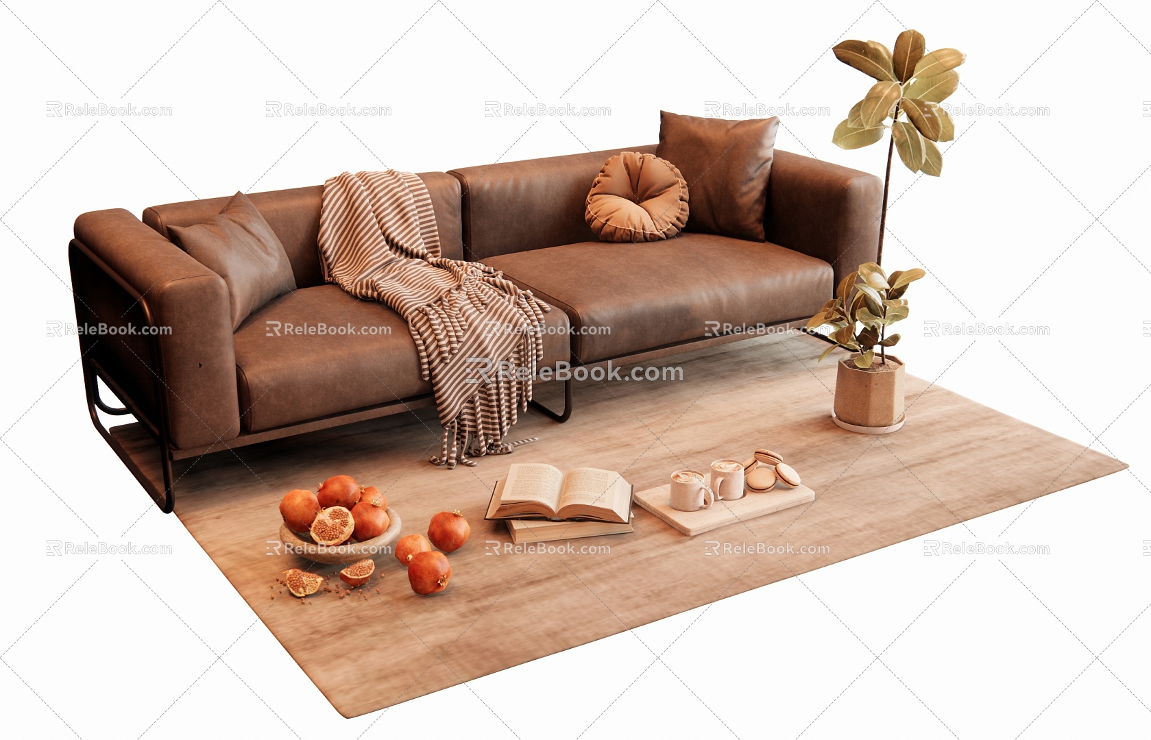 Modern Leather Double Sofa Leather Sofa Accessories Ornaments Green Plant Potted Coffee Pastry Ornaments 3d model