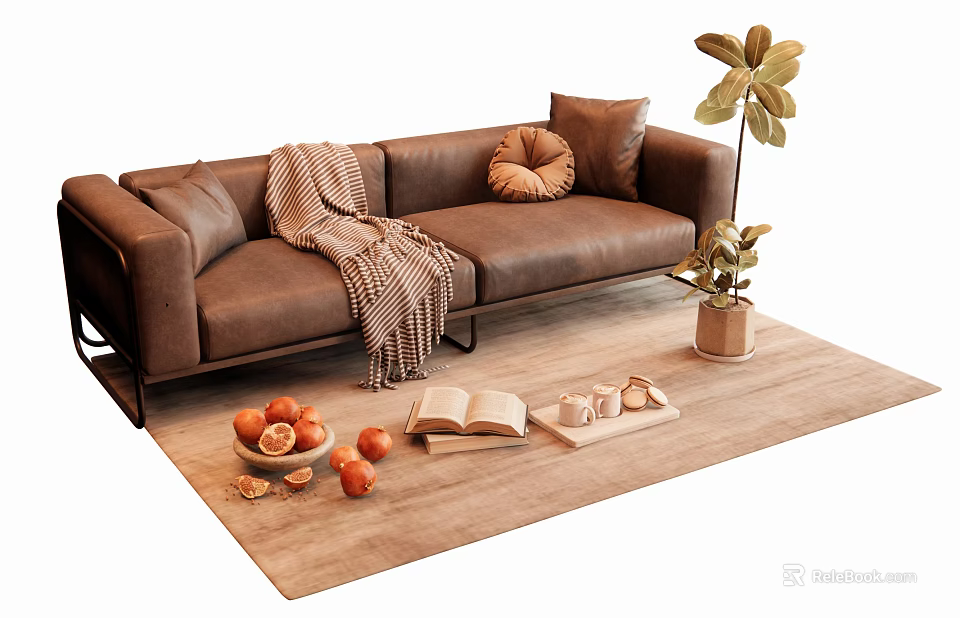 Brown Leather Two Seater Sofa With Throw Blanket Decorative Pillow Potted Plant Fruits And Book 3d model 