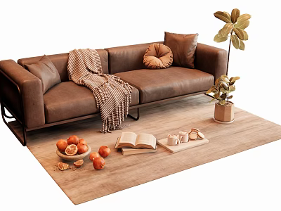 Brown Leather Two Seater Sofa With Throw Blanket Decorative Pillow Potted Plant Fruits And Book 3d model