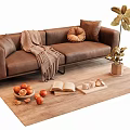 Brown Leather Two Seater Sofa With Throw Blanket Decorative Pillow Potted Plant Fruits And Book