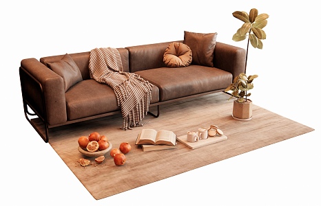 Modern Leather Double Sofa Leather Sofa Accessories Ornaments Green Plant Potted Coffee Pastry Ornaments 3d model