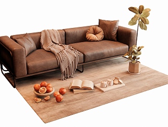 Modern Leather Double Sofa Leather Sofa Accessories Ornaments Green Plant Potted Coffee Pastry Ornaments 3d model