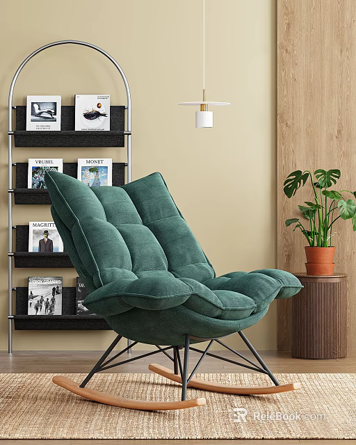 Green Velvet Leisure Chair in Modern Interior with Potted Plant and Bookshelf 3d model 