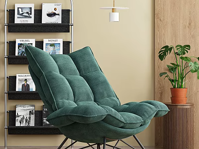 Green Velvet Leisure Chair in Modern Interior with Potted Plant and Bookshelf 3d model